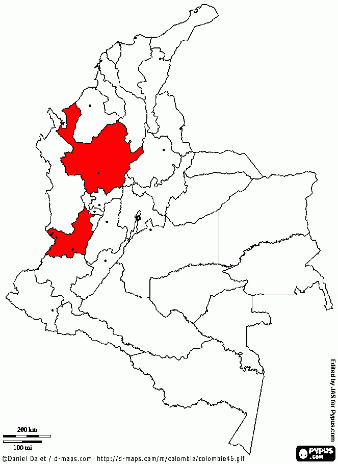 Mapa Colombia con Antioquia y valle del cauca para colorear