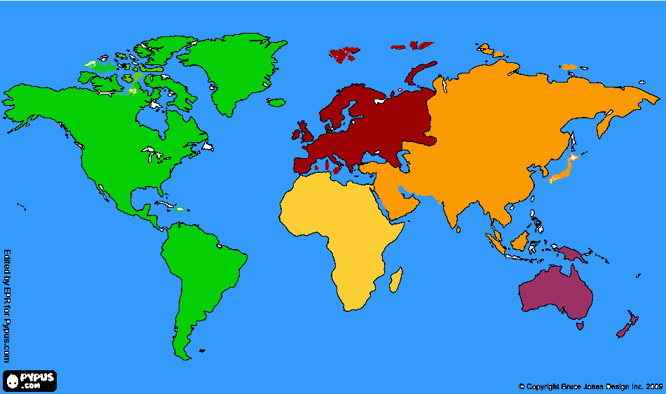 mapa coloreado de los continentes para colorear