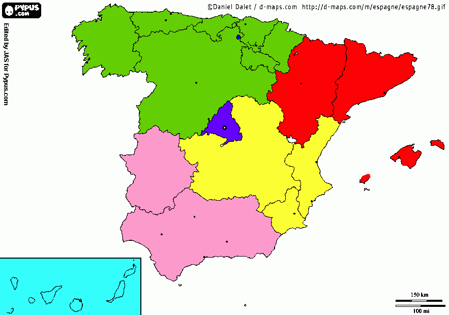 mapa de España por zonas para colorear