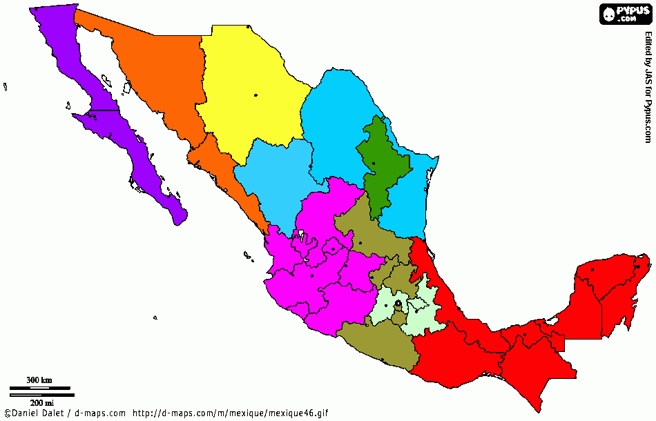 Mapa de México coloreado por territorios de ventas para colorear