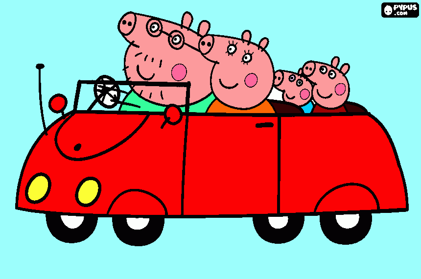 mi dubujo es de peppa pig pasiando en el carro de papa pig y mama pig para colorear