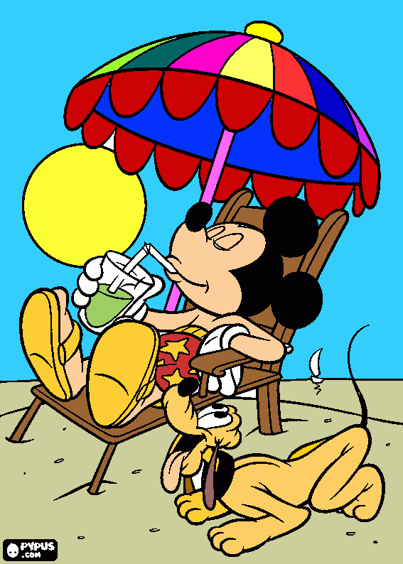 mickey en la playa con pluto para colorear