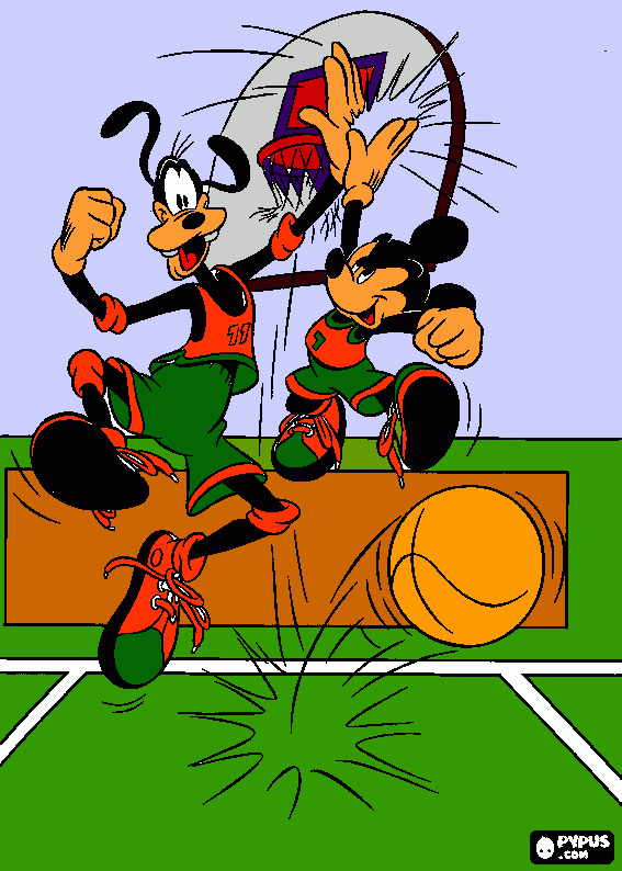 mickey y goofi echan un partido de baloncesto para colorear