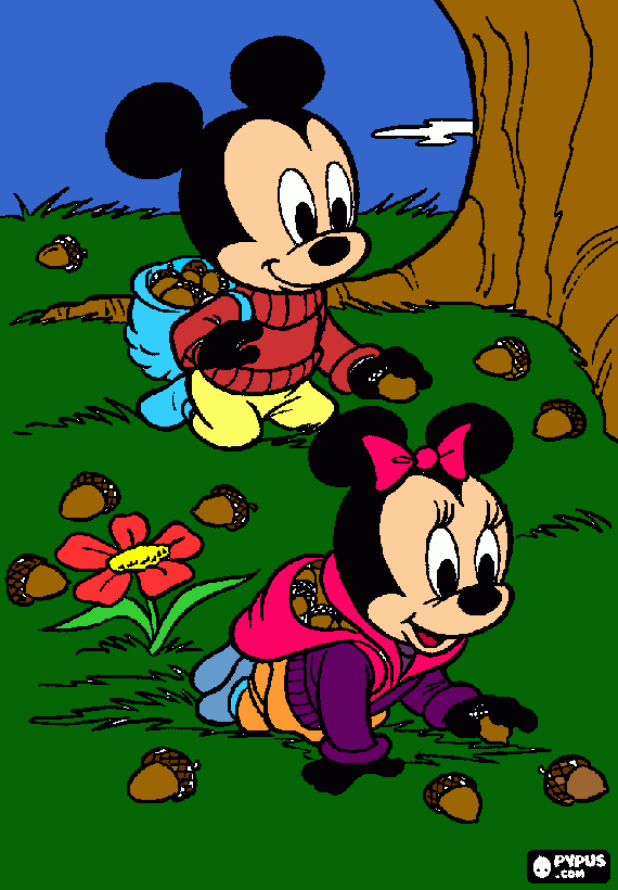 mikey y miney en otoño para colorear