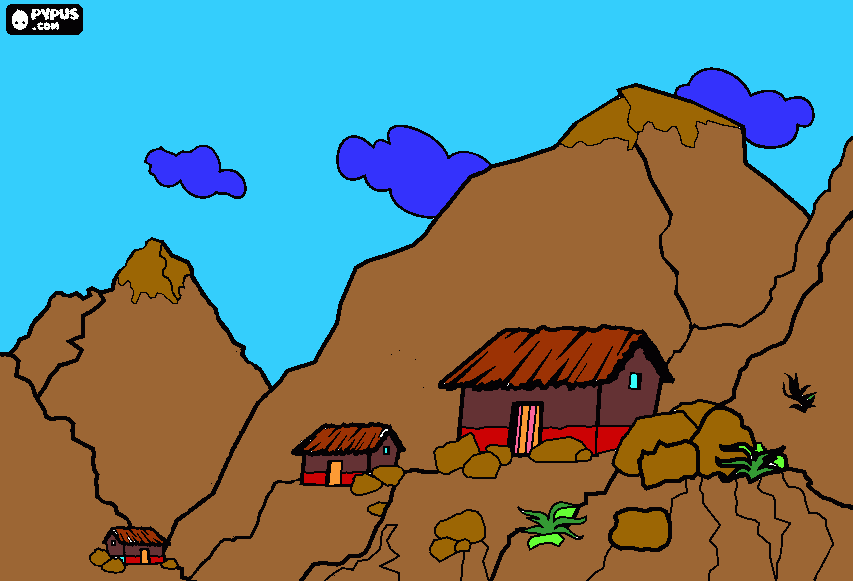 montañas.... casitas o ranchos nuves y un dia soliado muy muy lindo  para colorear