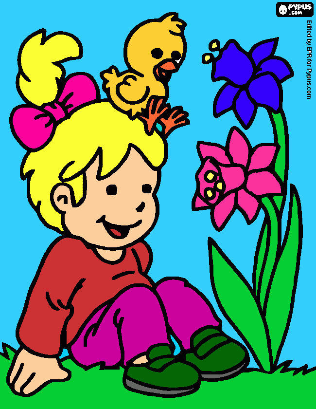 niña flor y pollo para colorear