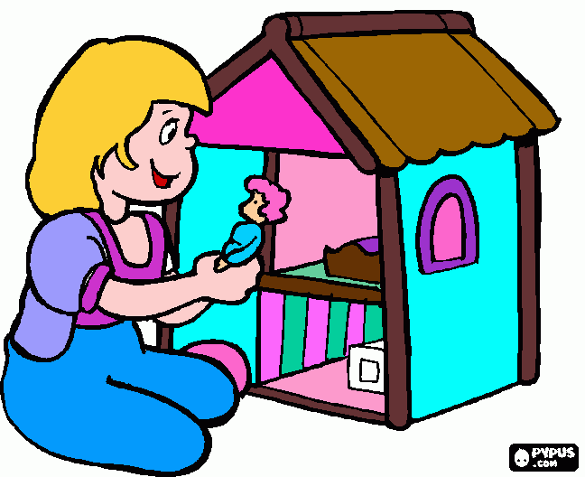 niña jugando con casa de muñeca para colorear