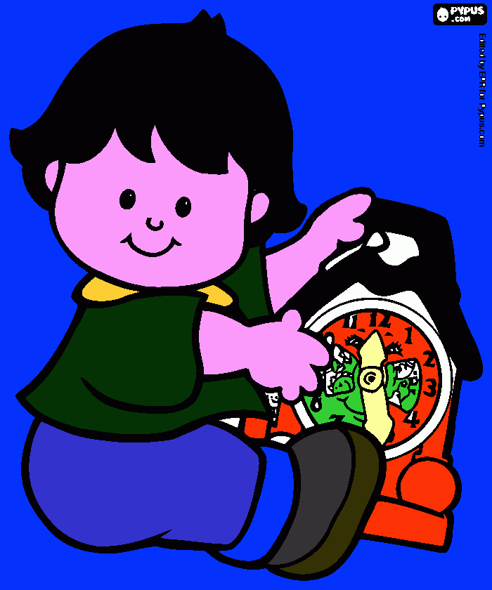 niño pequeño jugando con un reloj cucu para colorear