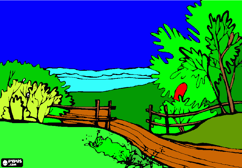 paisaje con valla de madera para colorear