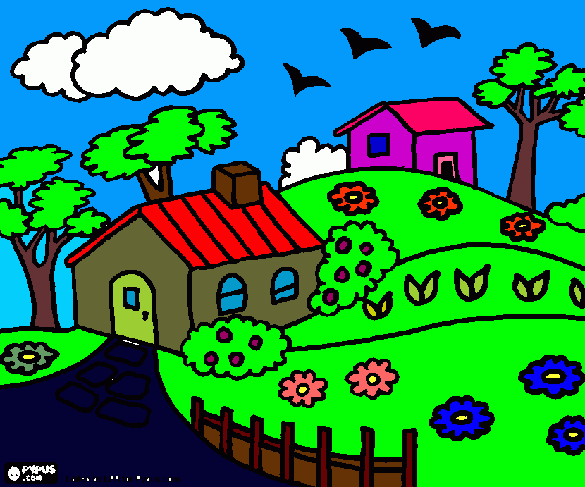 PAISAJE DE LAS AFUERAS DEL PUEBLO para colorear