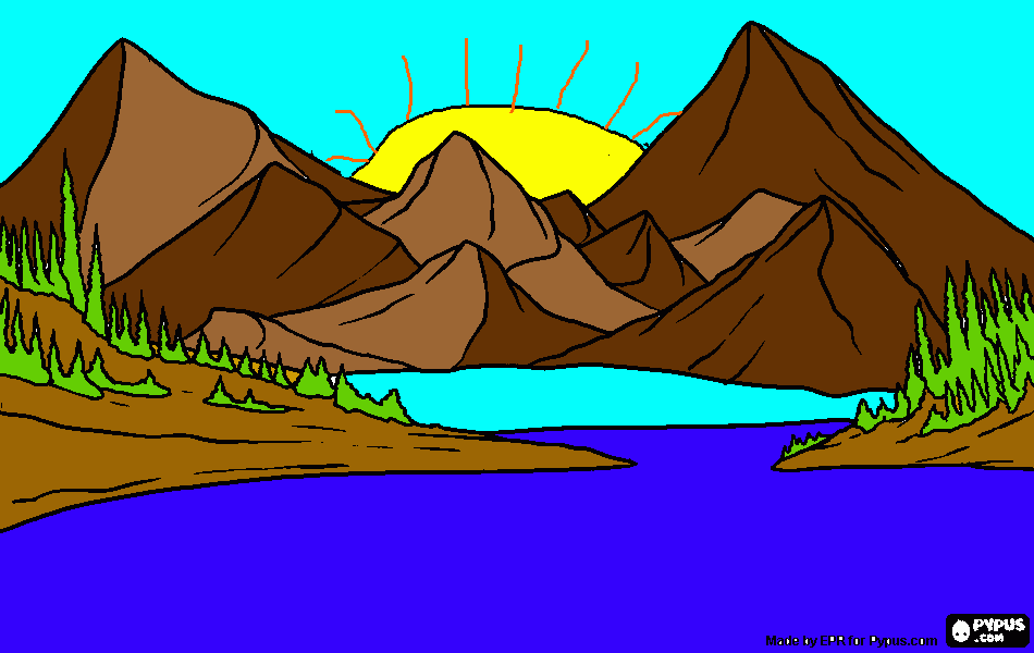 paisaje de montañas cubriendo al sol para colorear