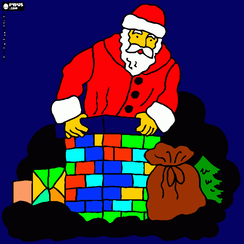 papa noel esta entrando por la chimenea de yayo para colorear