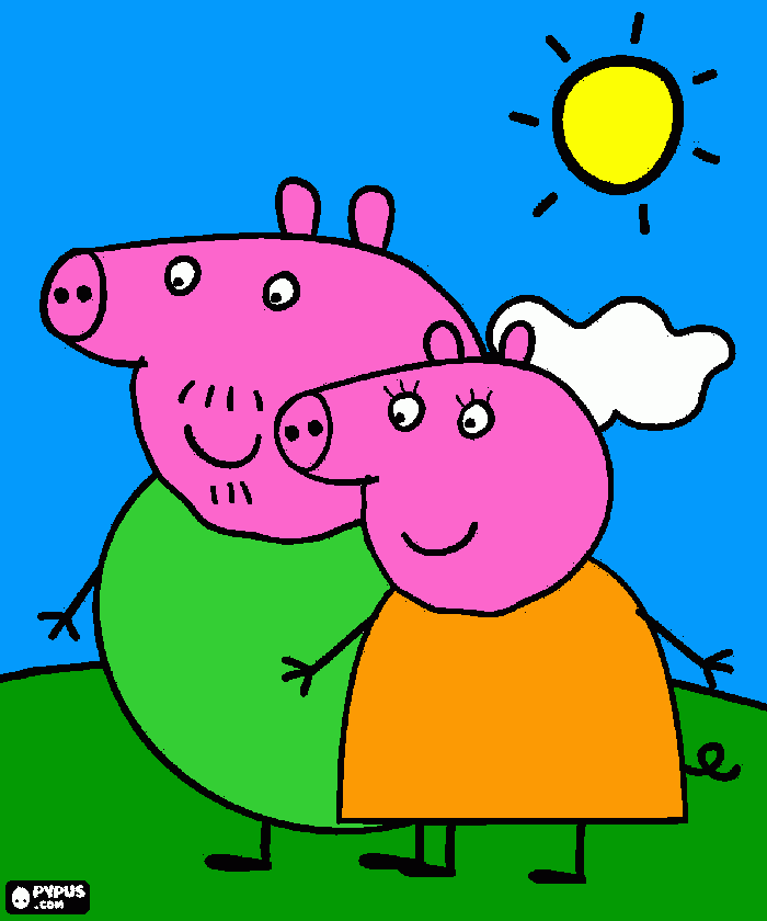 pappa pig y mmma pig en el campo bajo el sol para colorear