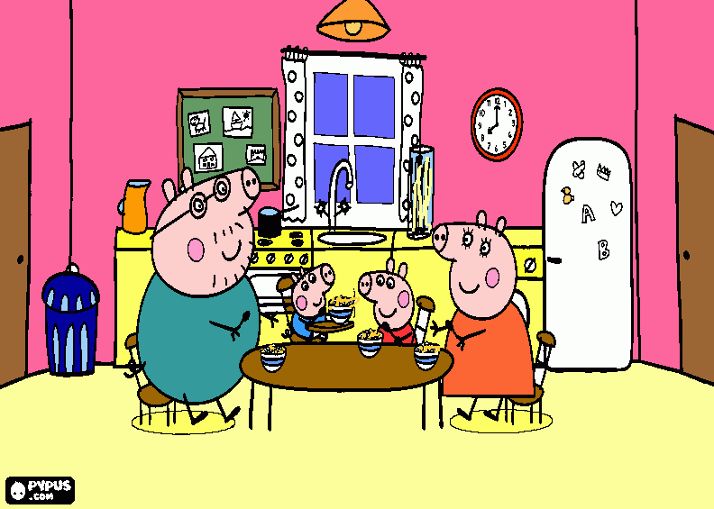 peppa comiendo con su familia para colorear