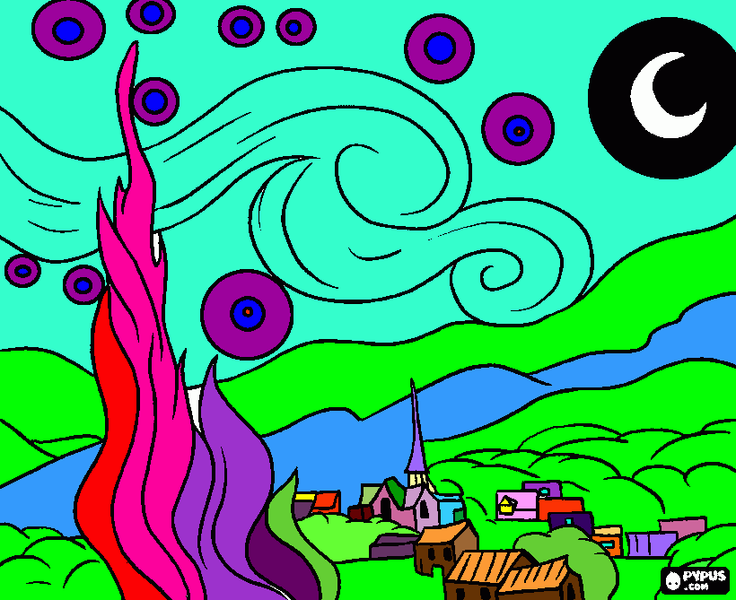 PEQUEÑO PUEBLO EN EL PAISAJE EN UNA NOCHE para colorear