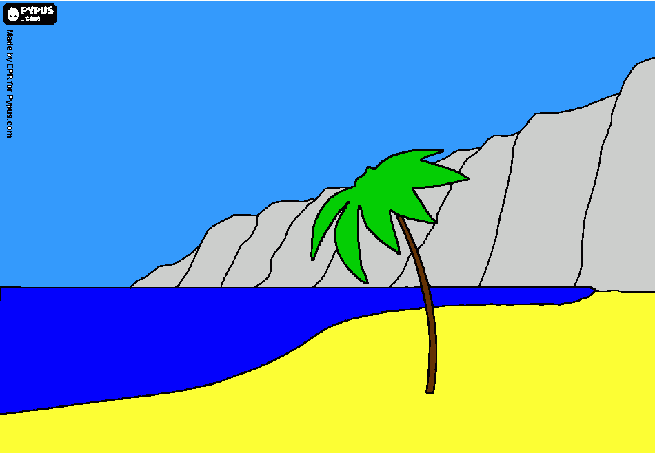 playa con una palmera y acantilados al fondo para colorear