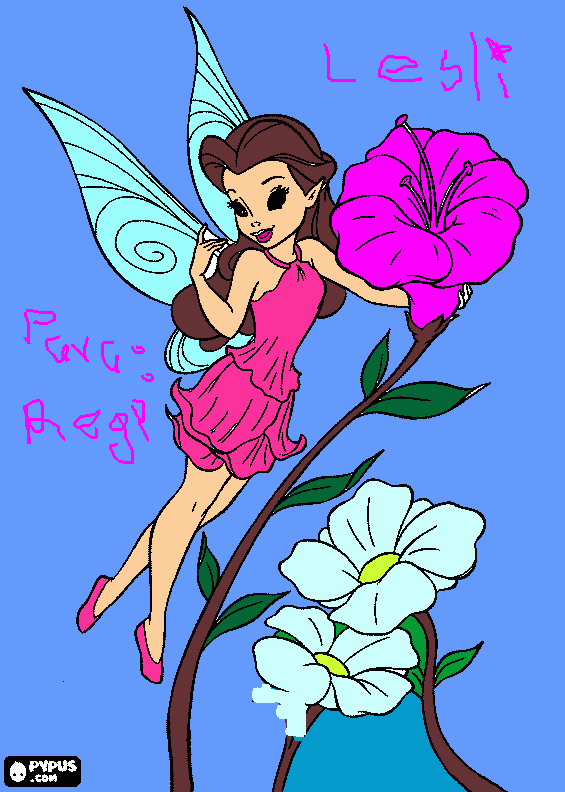 tiene las alas azules claras,cabello cafe,vestido de flores rosas, zapatos rosas piel carnita ,tiene ojos de color negro y boca rosa para colorear