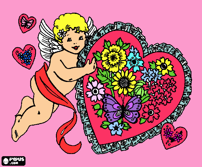 un angel con un corazon y adentro del corazon ay flores para colorear