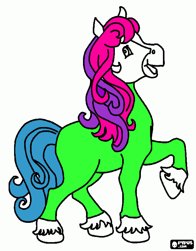 un caballo color verde,cabello rosa con morado y la cola azul para colorear