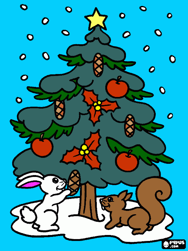 un cool arbol de navidad  adornado por un conejito y una ardilla  para colorear