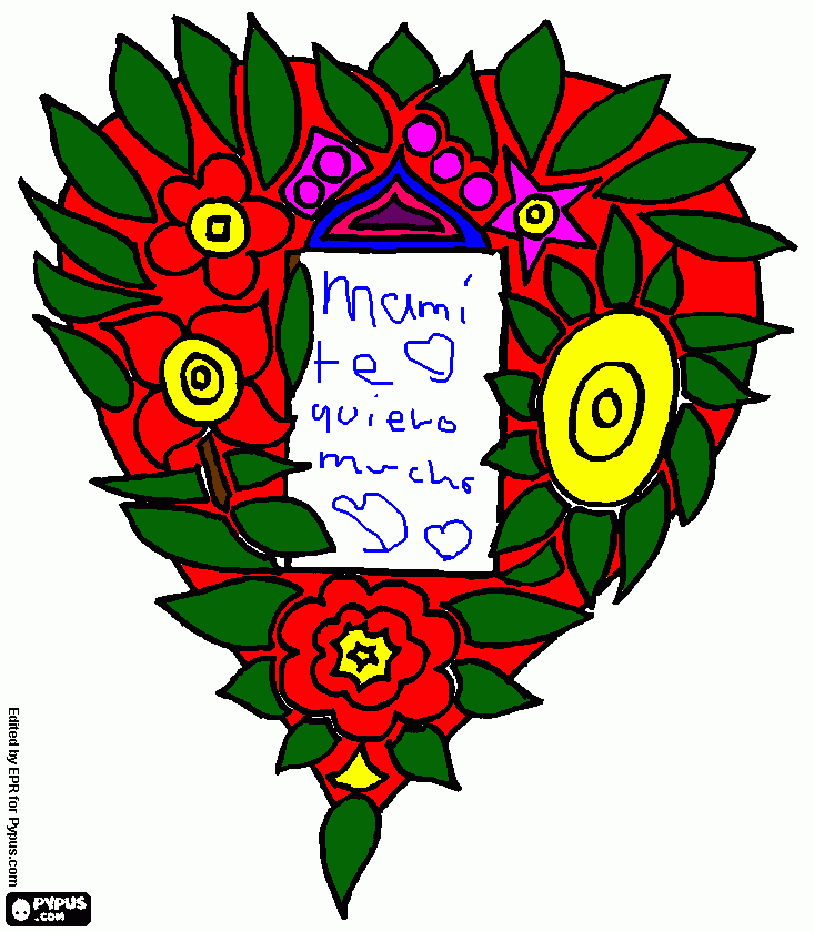 un corazon con ojas flores y trae algo escrito en el centro  para colorear