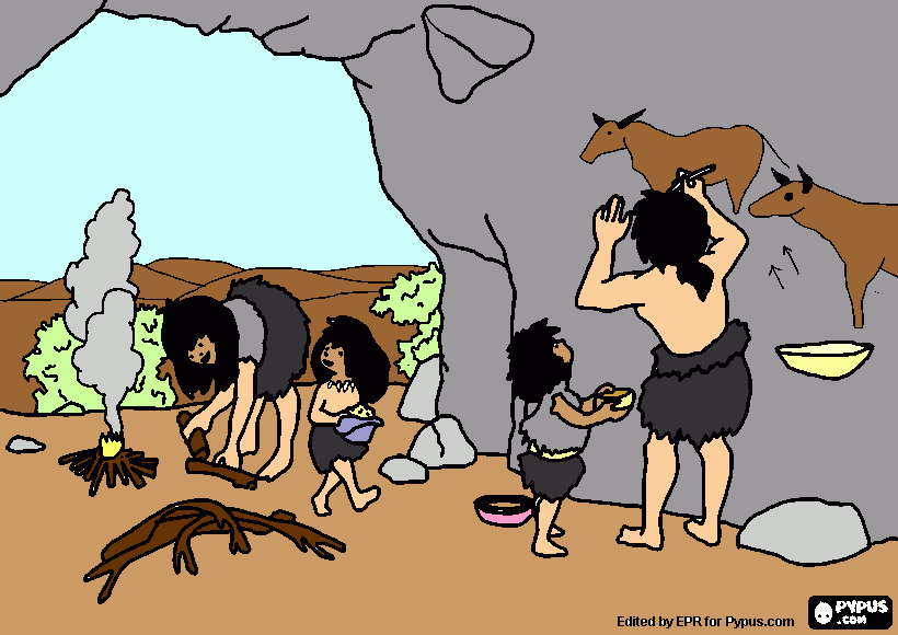 Una familia prehistòrica en la cueva.La mujer preparando el fuego, el hombre pintando escenas de caza en las paredes de la cueva para colorear