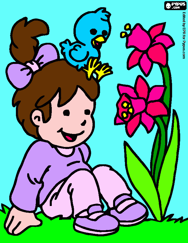 una niña con un pollito en la cabeza obserbando una una flor para colorear