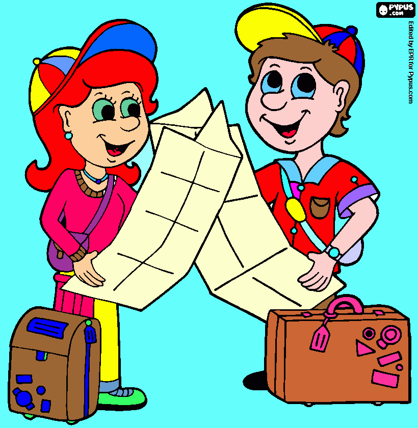 una pareja viajando para colorear