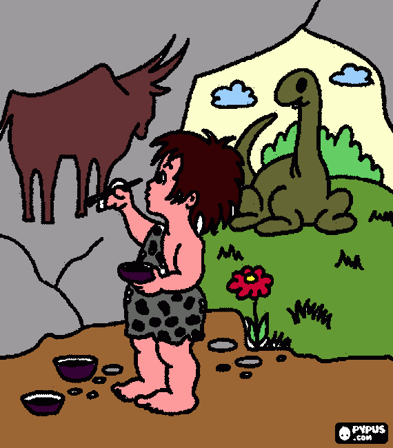 uUn artista prehistorico realizando una pintura rupestre representando un bùfalo en la pared de una cueba mientras un dinosaurio lo observa desde el exterior de la caverna para colorear