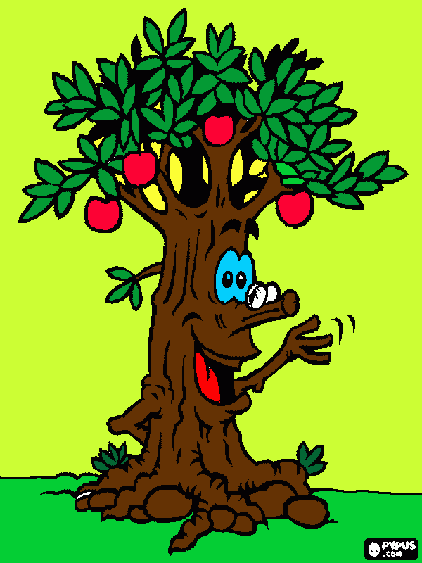 viejo arbol con una cara sinriente con frutos y hojas para colorear