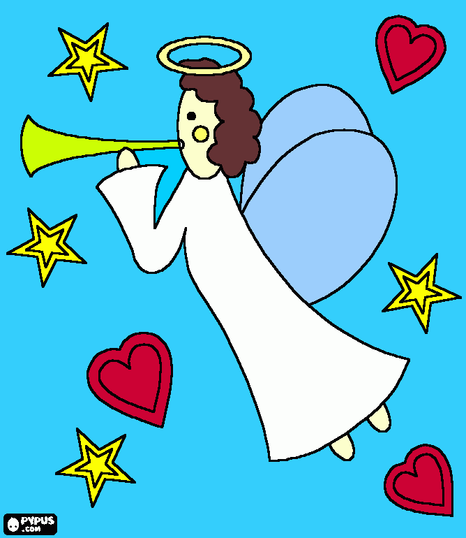 Ángel tocando la trompeta en un fondo de corazones y estrellas para colorear